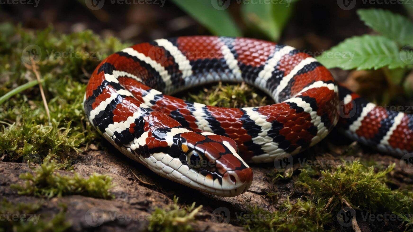 A close-up of a colorful snake resting on moss in a natural environment. photo