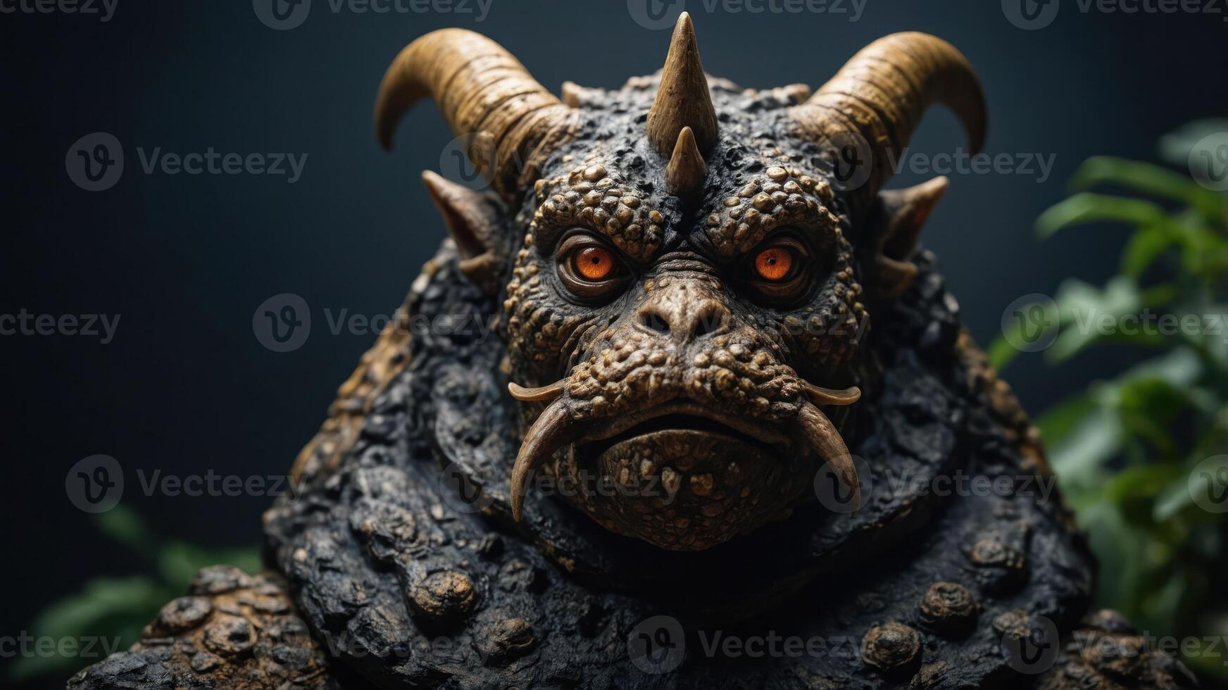 A detailed sculpture of a mythical creature with horns and textured skin. photo