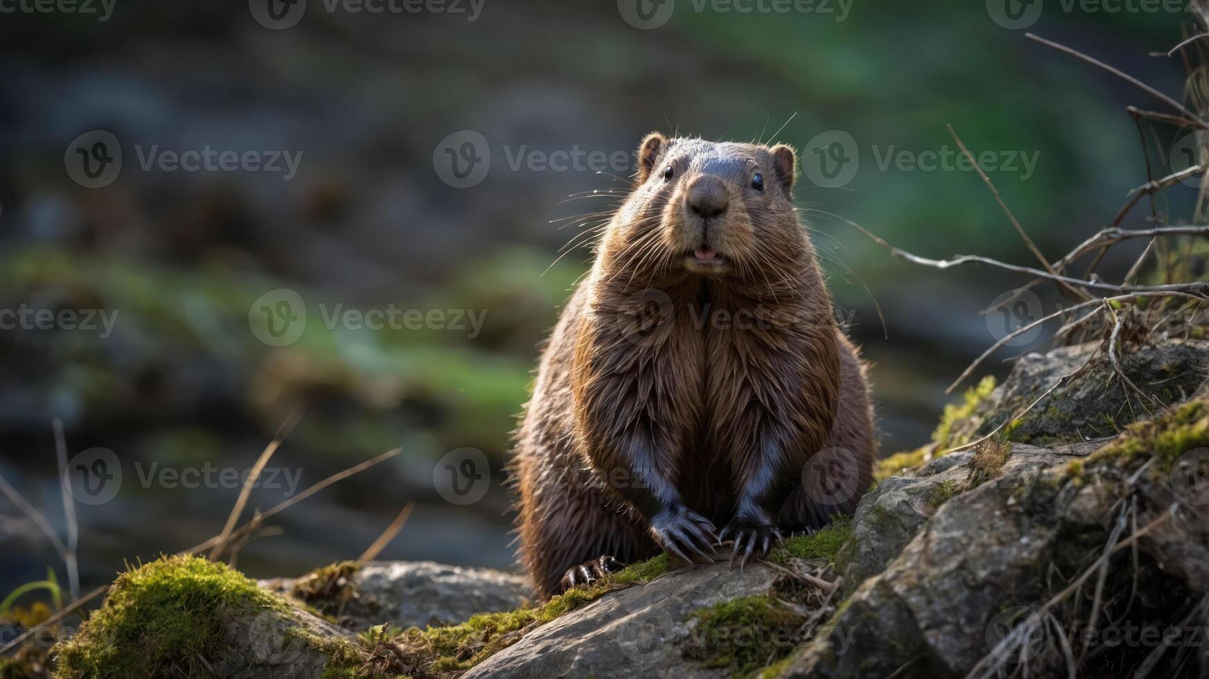A close-up of a beaver sitting on a rock in a natural setting. photo