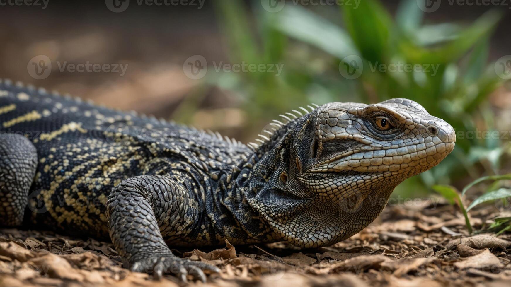 A close-up of a lizard resting on the ground among greenery. photo