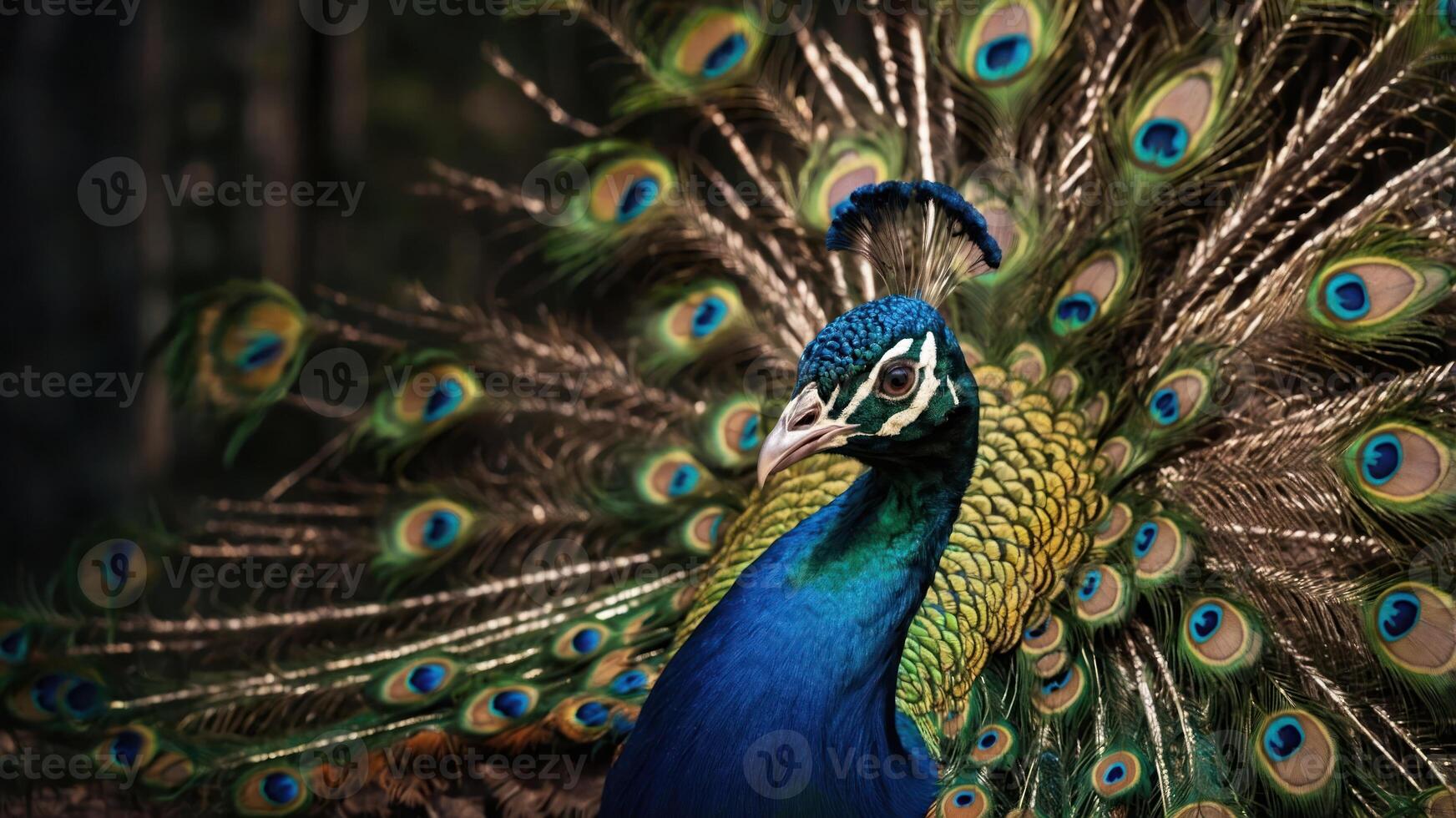 A vibrant peacock displaying its colorful feathers in a natural setting. photo
