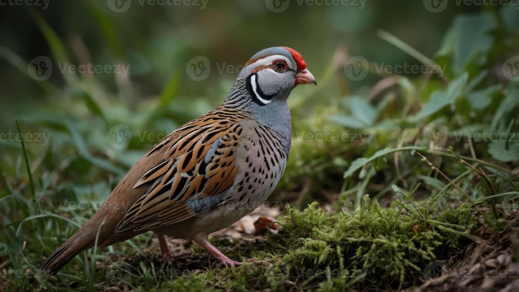 A colorful bird with distinctive markings stands on the ground amidst greenery. photo