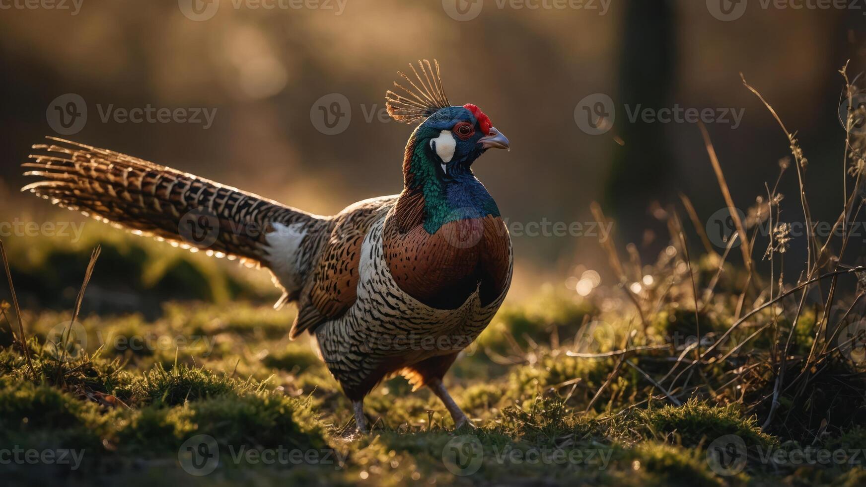 A colorful pheasant walking through a sunlit, grassy area. photo