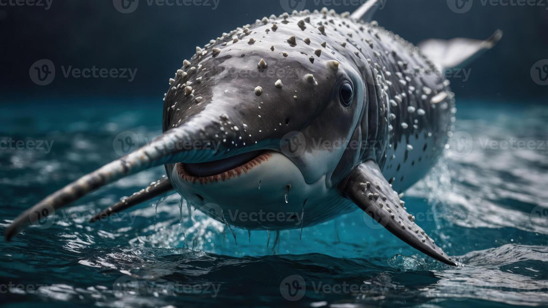A close-up of a narwhal swimming in clear waters, showcasing its distinctive tusk. photo