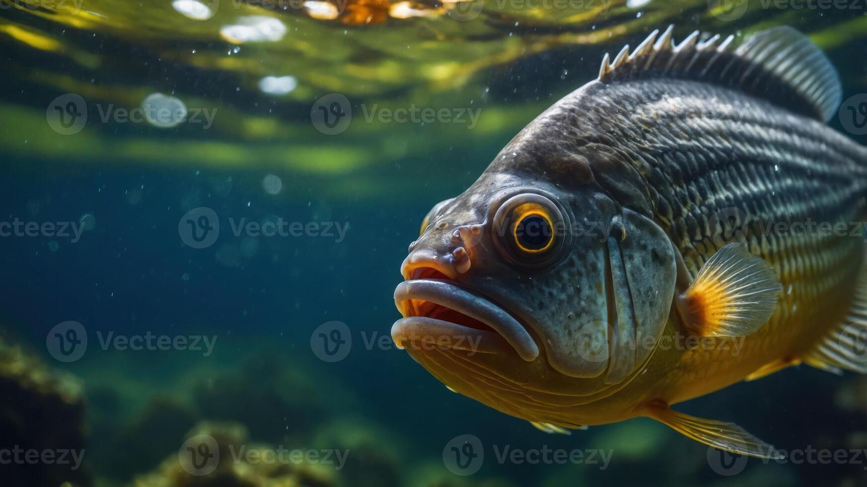 An underwater close-up of a fish showcasing its features in a vibrant aquatic environment. photo