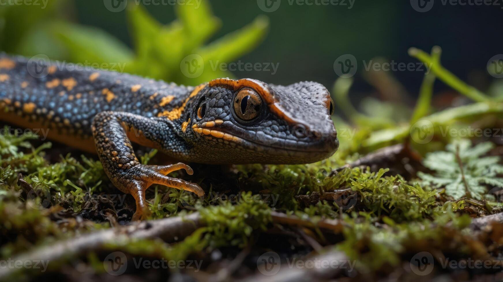 A close-up of a colorful lizard resting on moss in a natural setting. photo