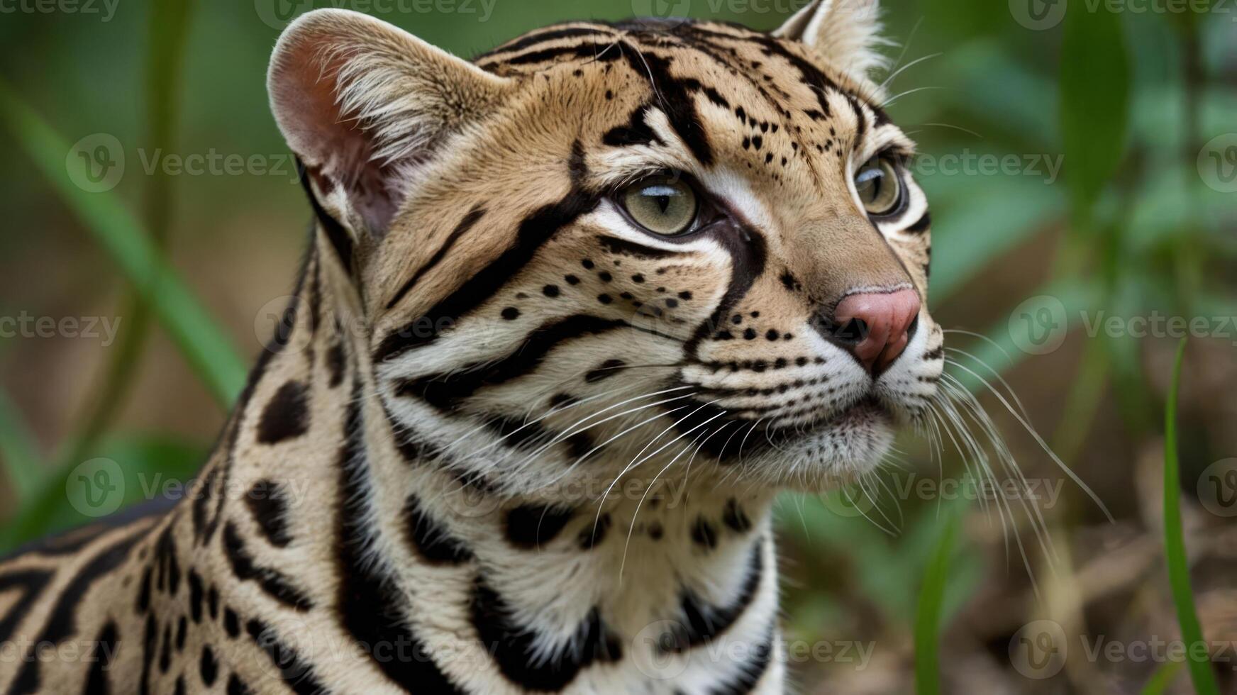 A close-up of an ocelot showcasing its distinctive spotted fur and expressive eyes. photo
