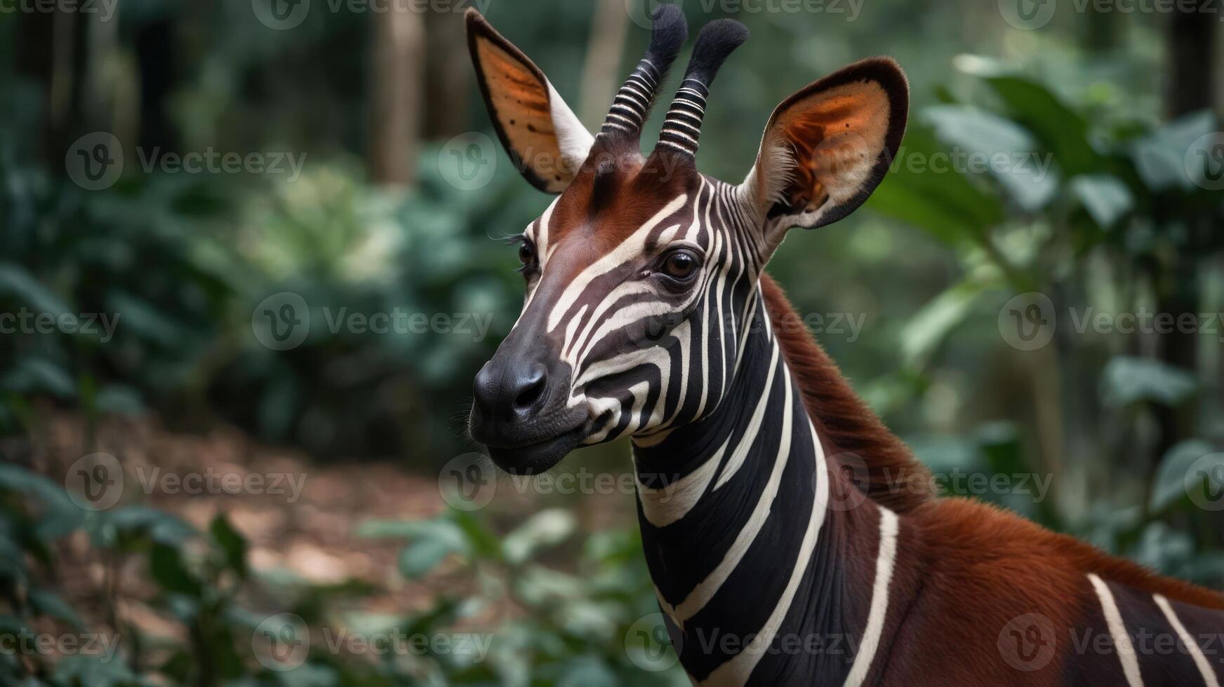 A close-up of a zebra-like animal with striking stripes in a lush, green forest setting. photo