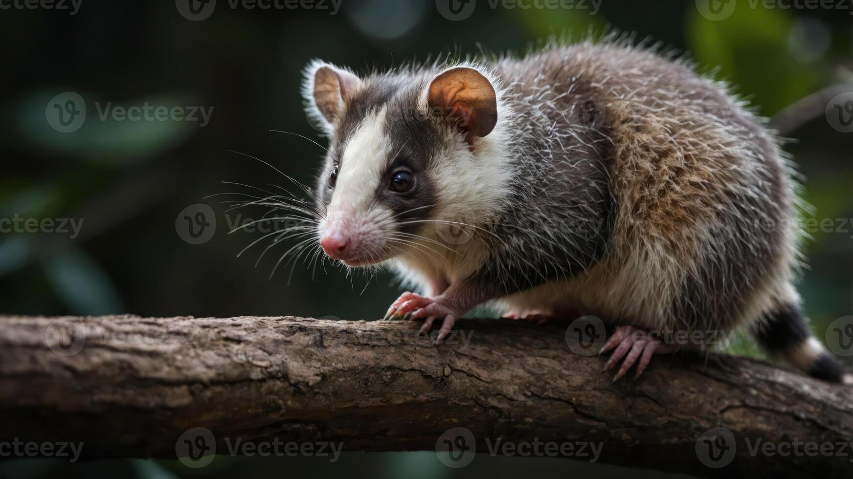 A close-up of a possum perched on a branch in a natural setting. photo