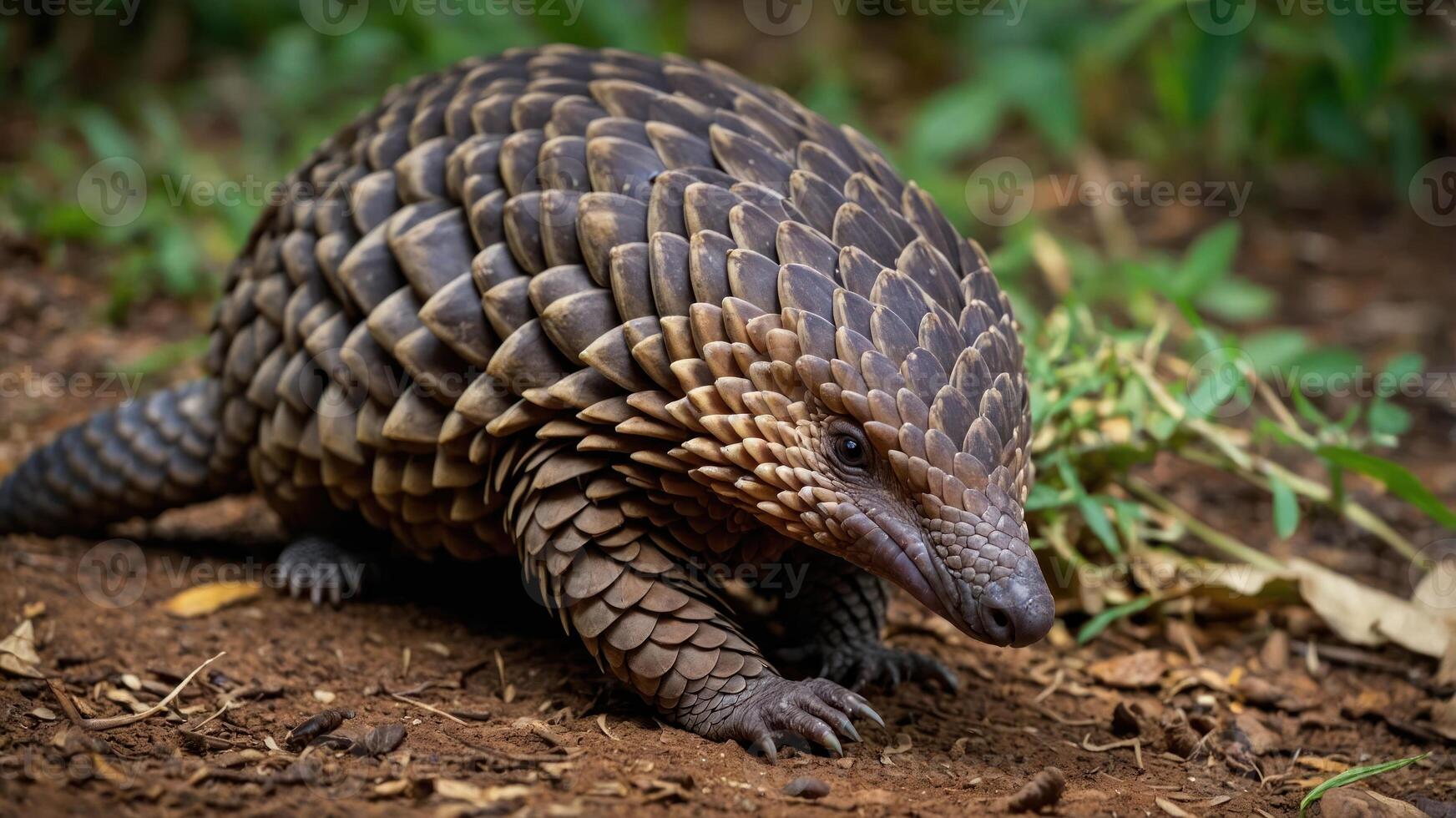 A close-up of a pangolin walking on the ground among greenery. photo