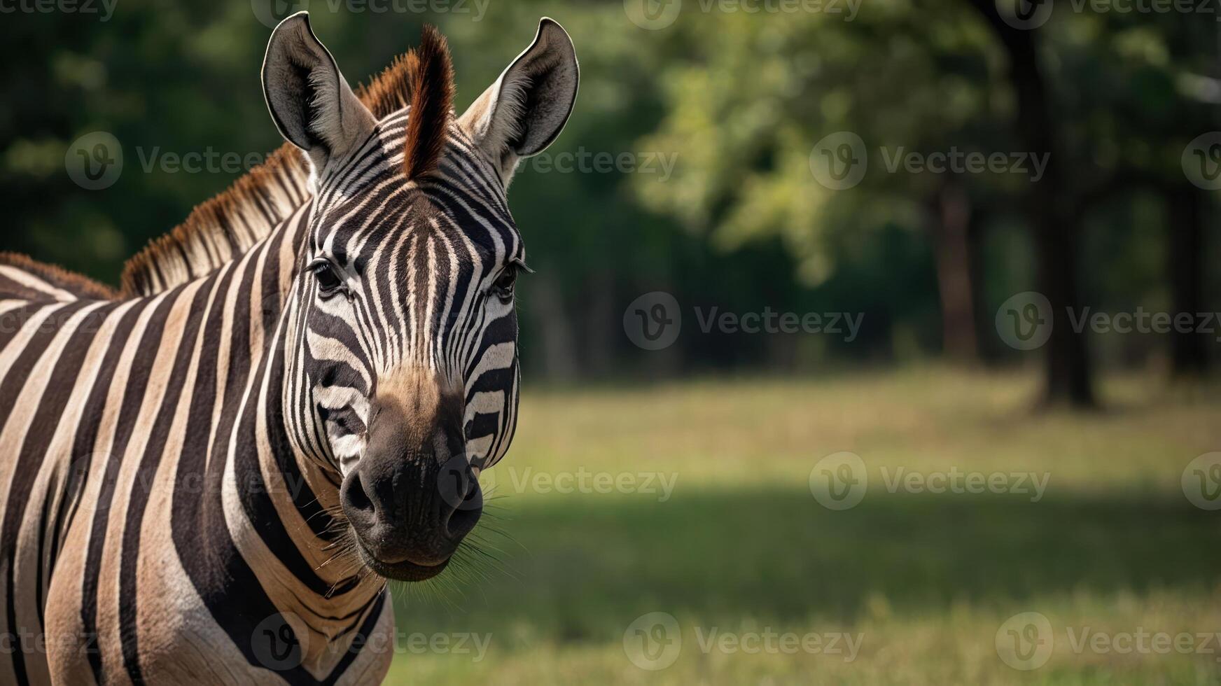 A close-up of a zebra in a natural setting, showcasing its distinctive stripes. photo