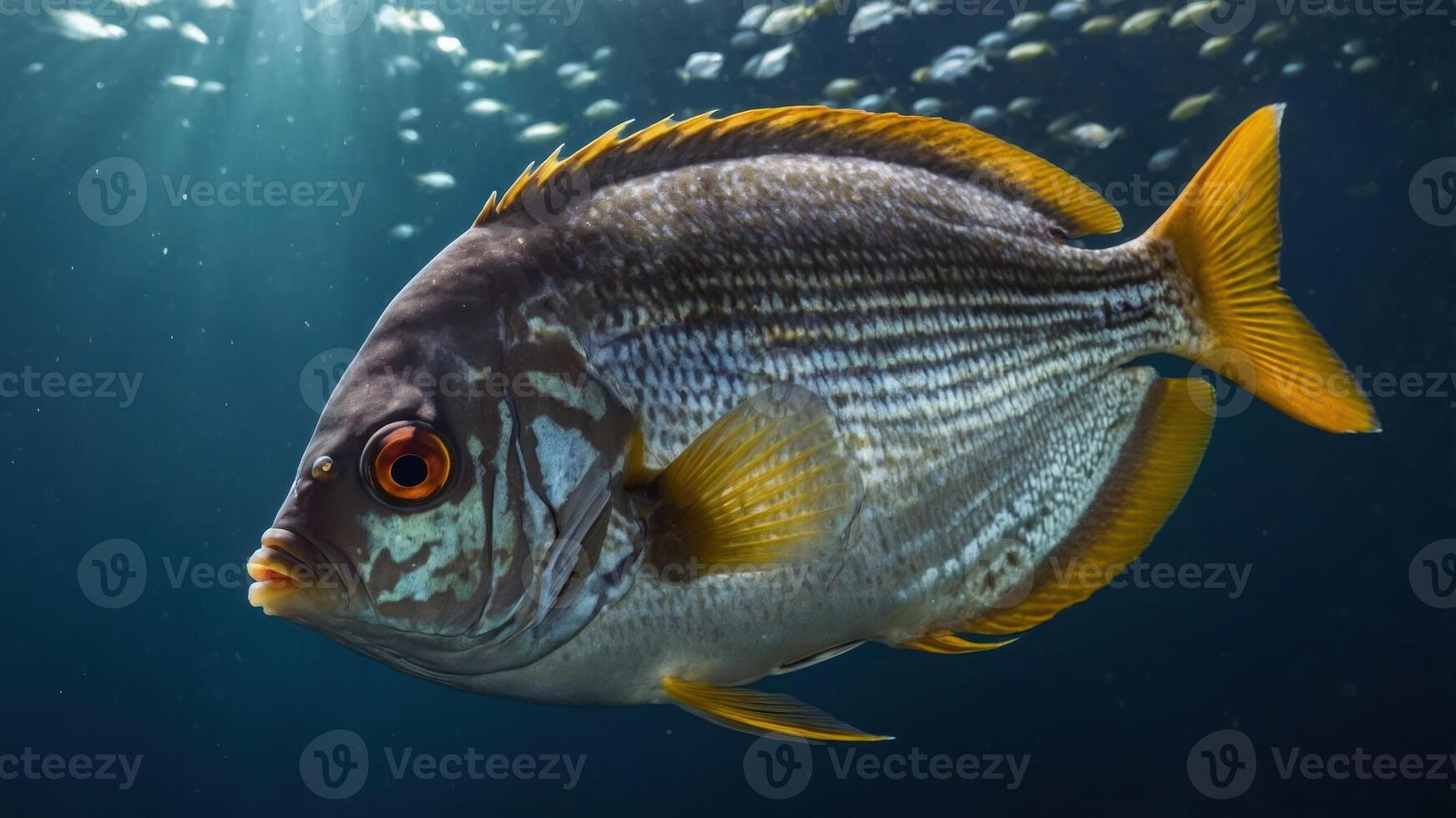 A vibrant fish swimming in deep blue water, showcasing its colorful scales and features. photo