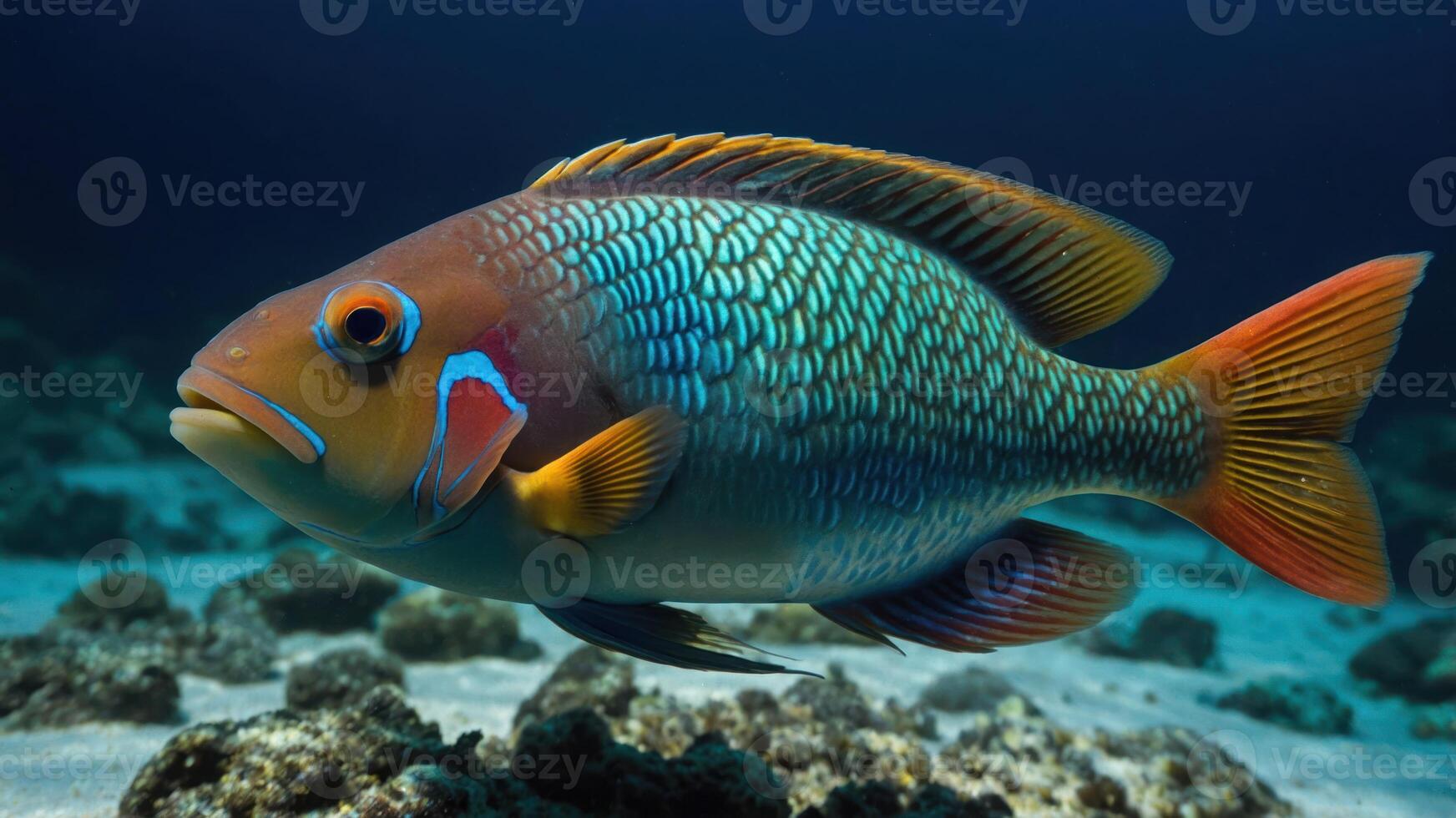 A vibrant fish swimming in clear ocean waters, showcasing its colorful scales and fins. photo