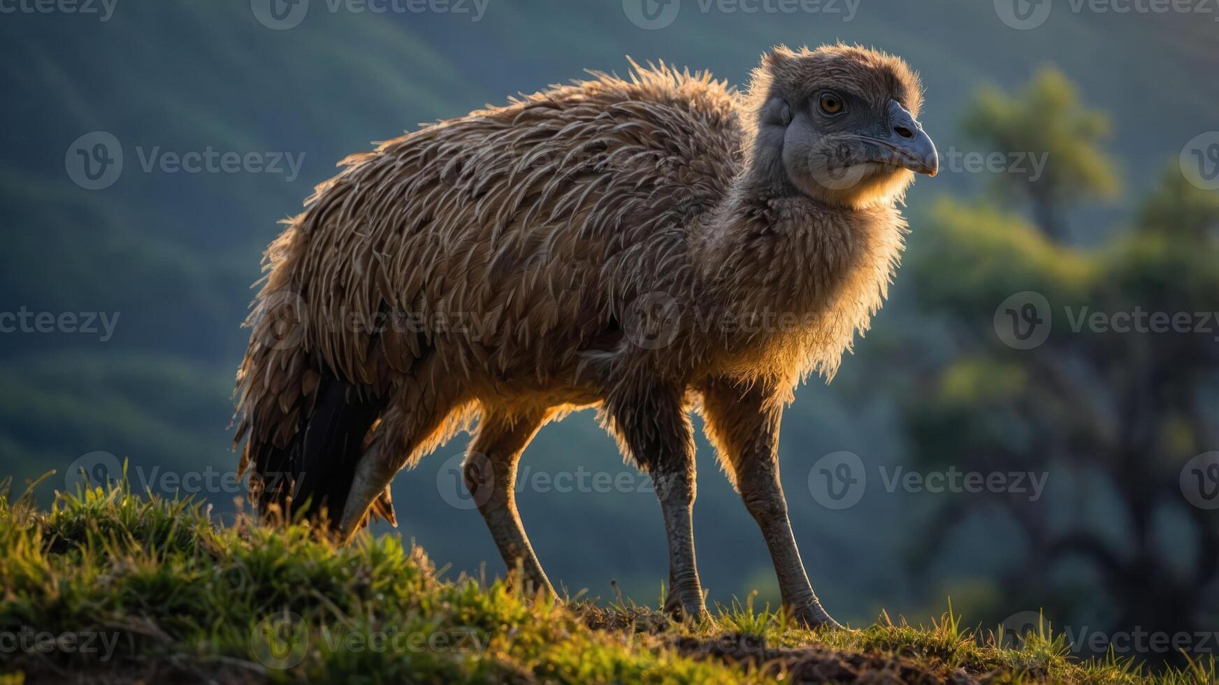 A young bird with fluffy feathers stands on a grassy hill, illuminated by soft sunlight. photo