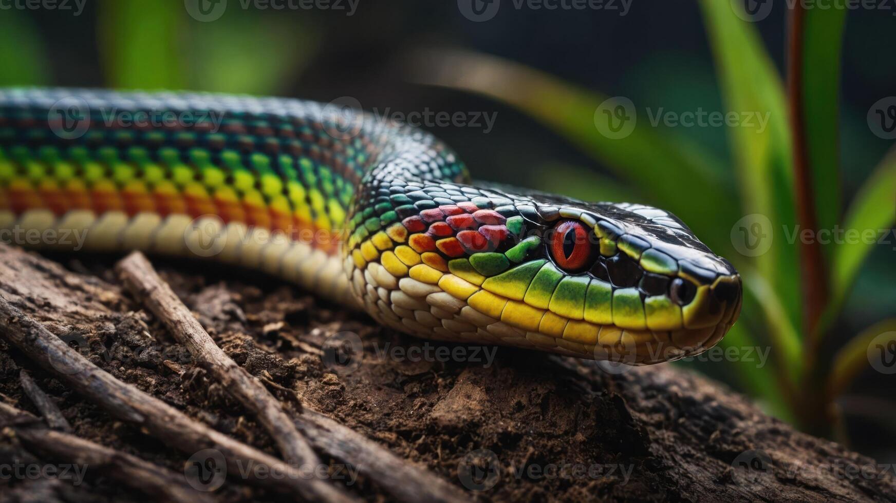 A vibrant snake resting on a log, showcasing its colorful scales and striking features. photo