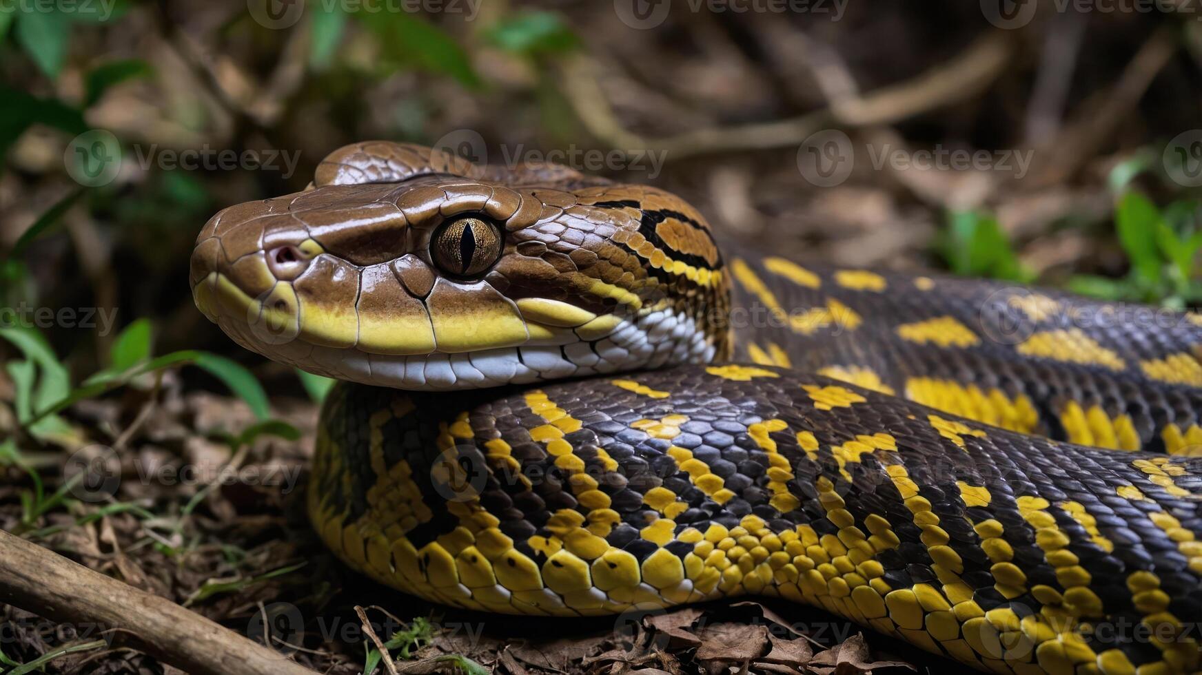 A close-up of a vibrant snake resting on the ground amidst foliage. photo
