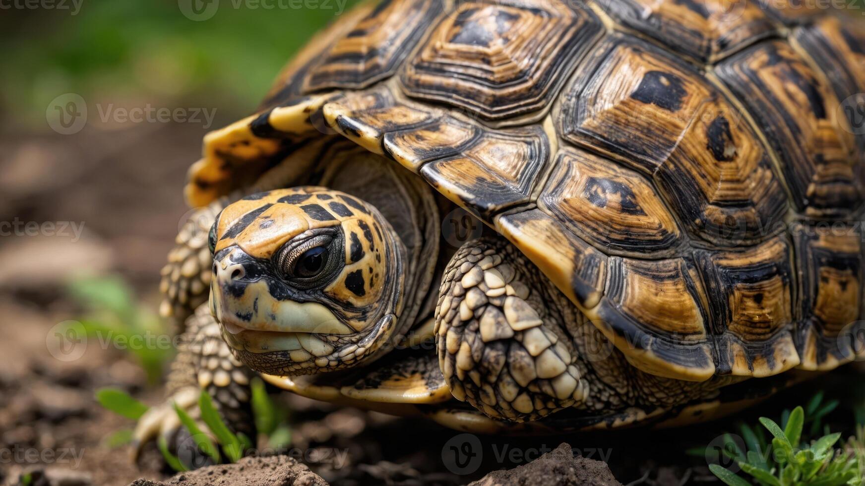 A close-up of a tortoise resting on the ground amidst greenery. photo