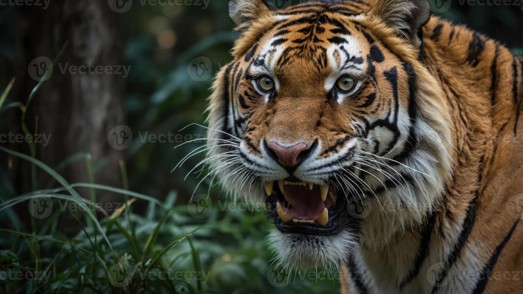 A close-up of a fierce tiger in a natural setting, showcasing its powerful presence. photo