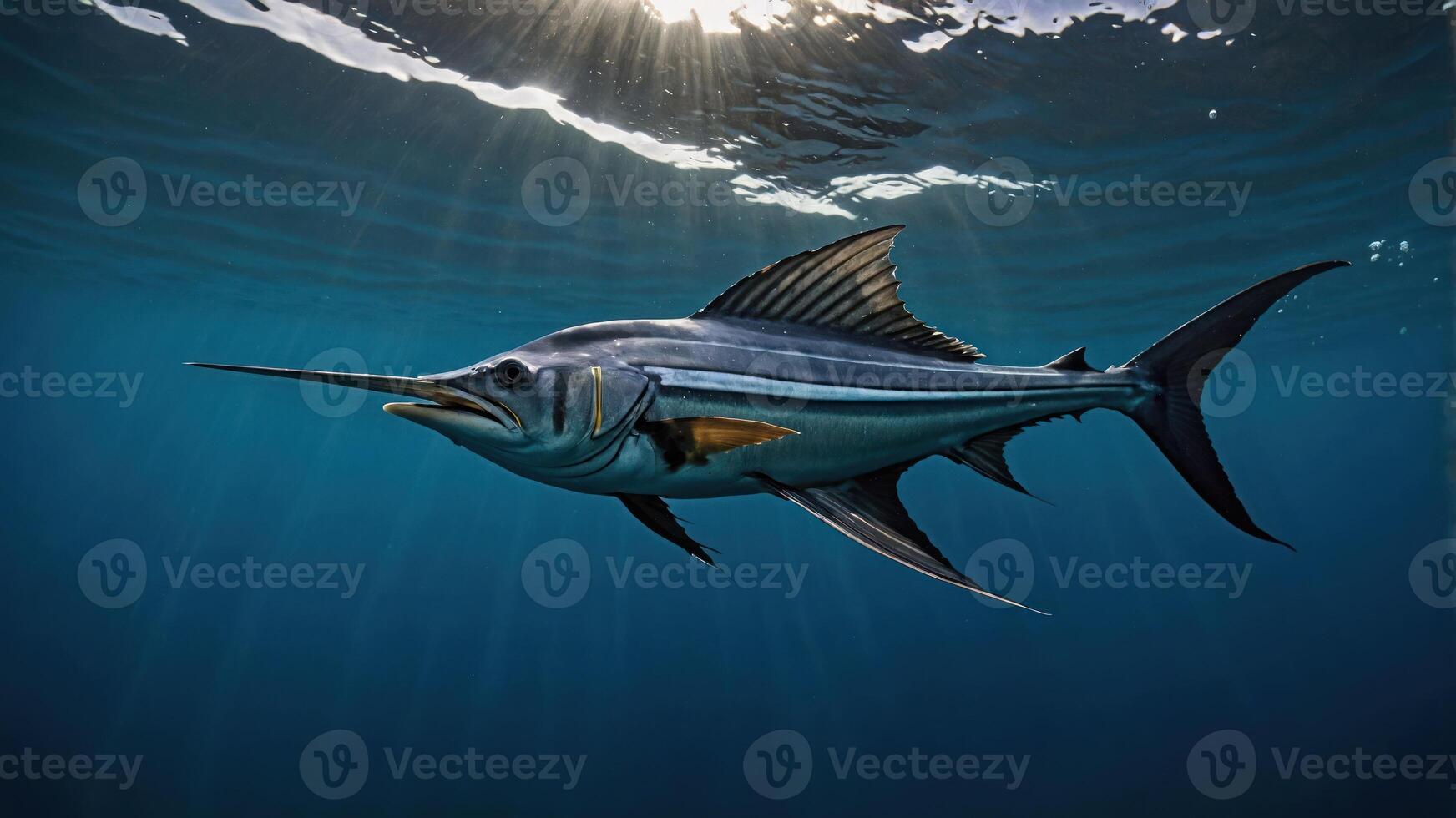 A vibrant underwater image of a marlin swimming gracefully in the ocean. photo