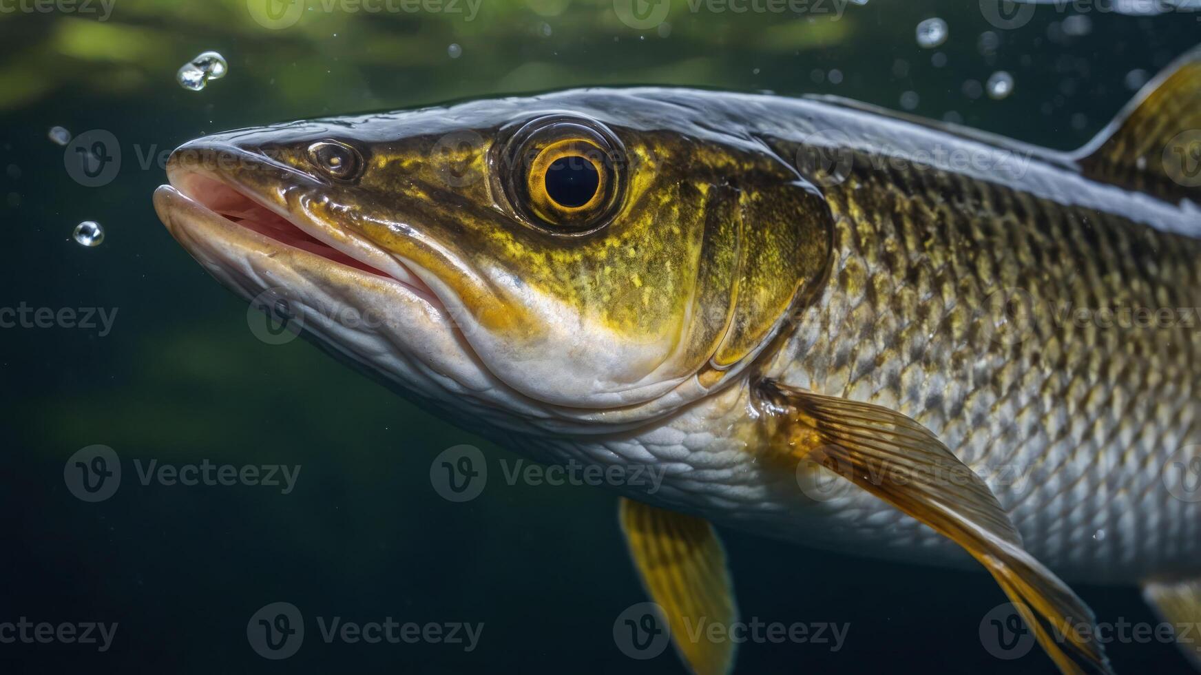 A close-up of a fish swimming underwater, showcasing its features and bubbles around it. photo