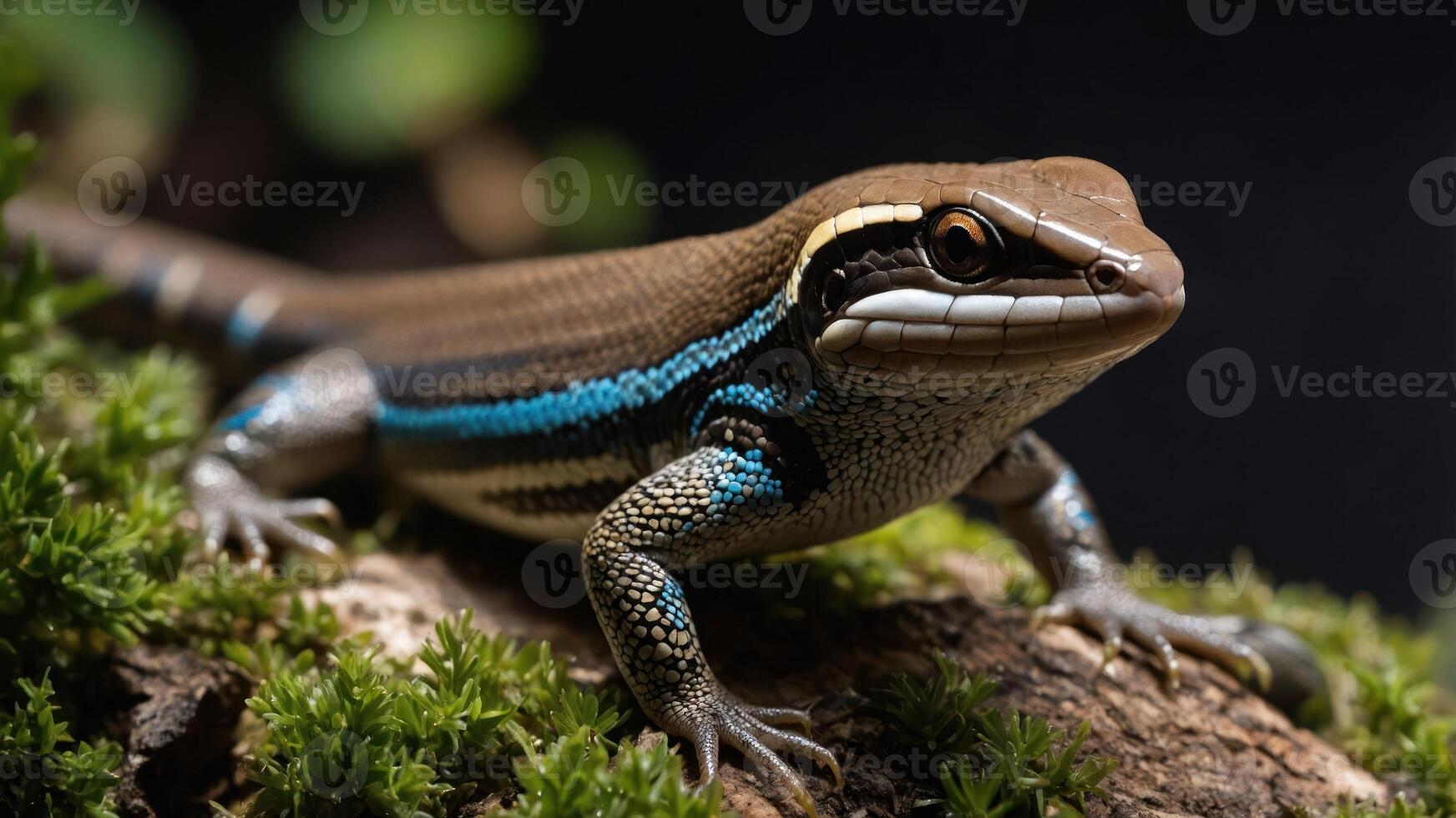 A close-up of a lizard with blue stripes on a mossy log. photo