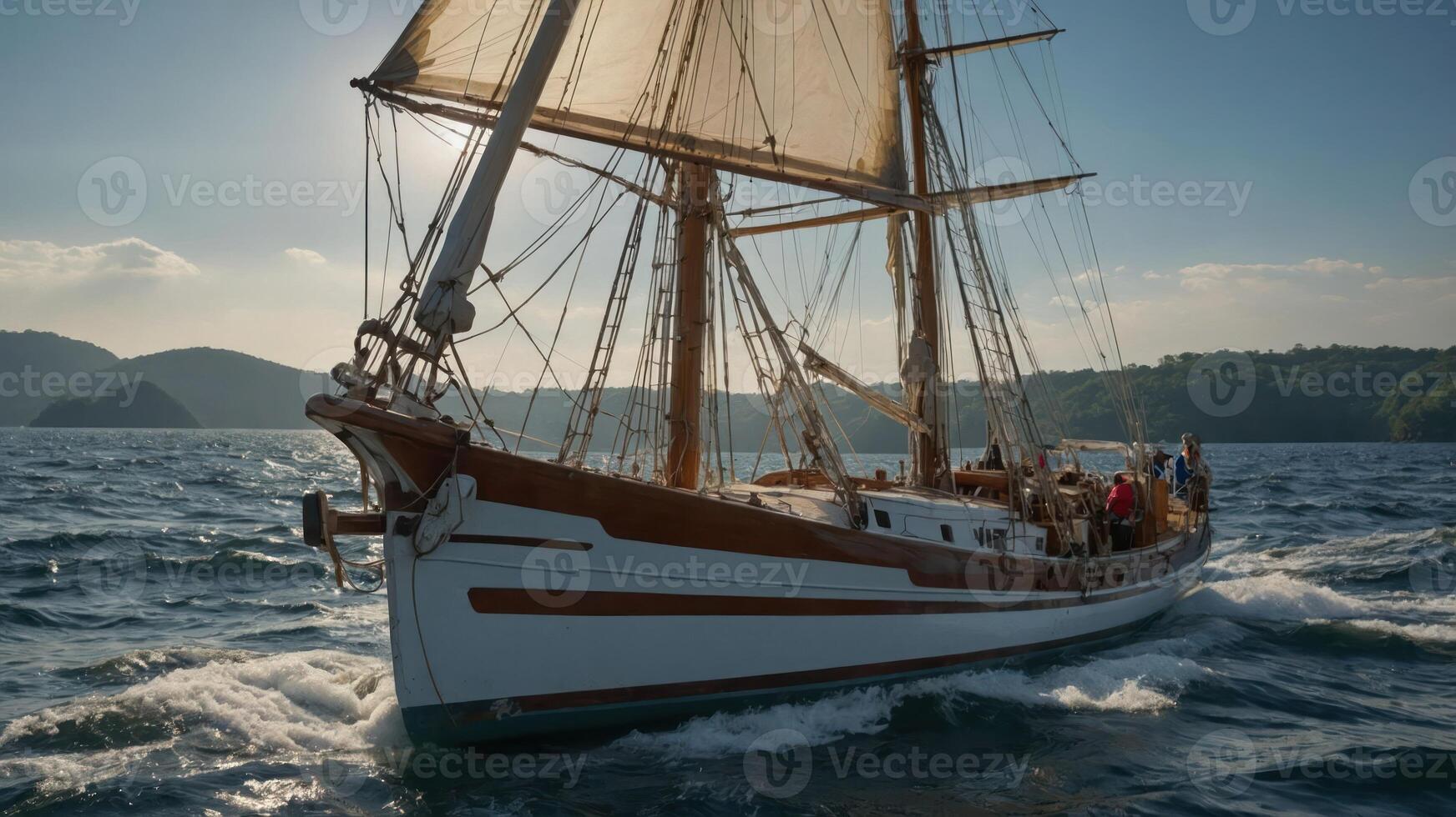 A classic sailing ship gliding through calm waters under a clear sky. photo