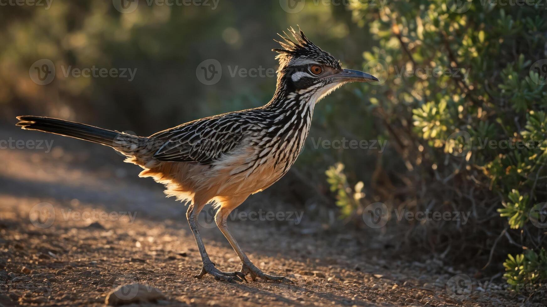 A close-up of a bird with a distinctive crest, standing on a dirt path near greenery. photo