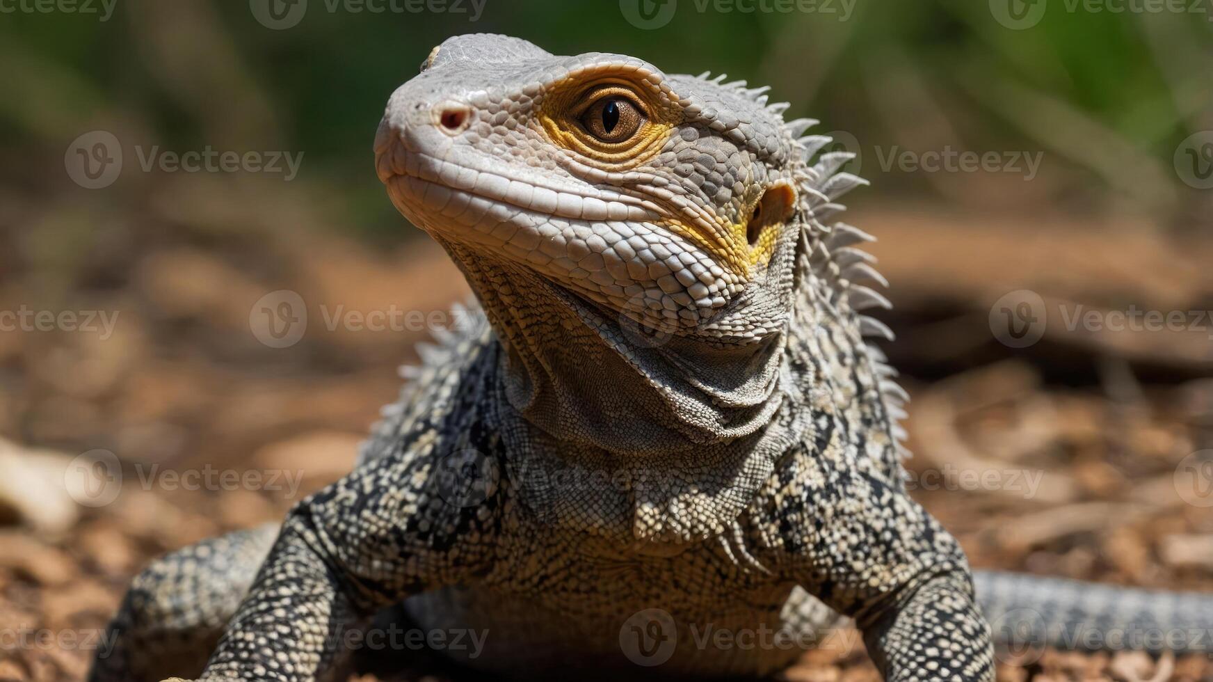 A close-up of a lizard with textured skin and bright eyes, basking in natural light. photo