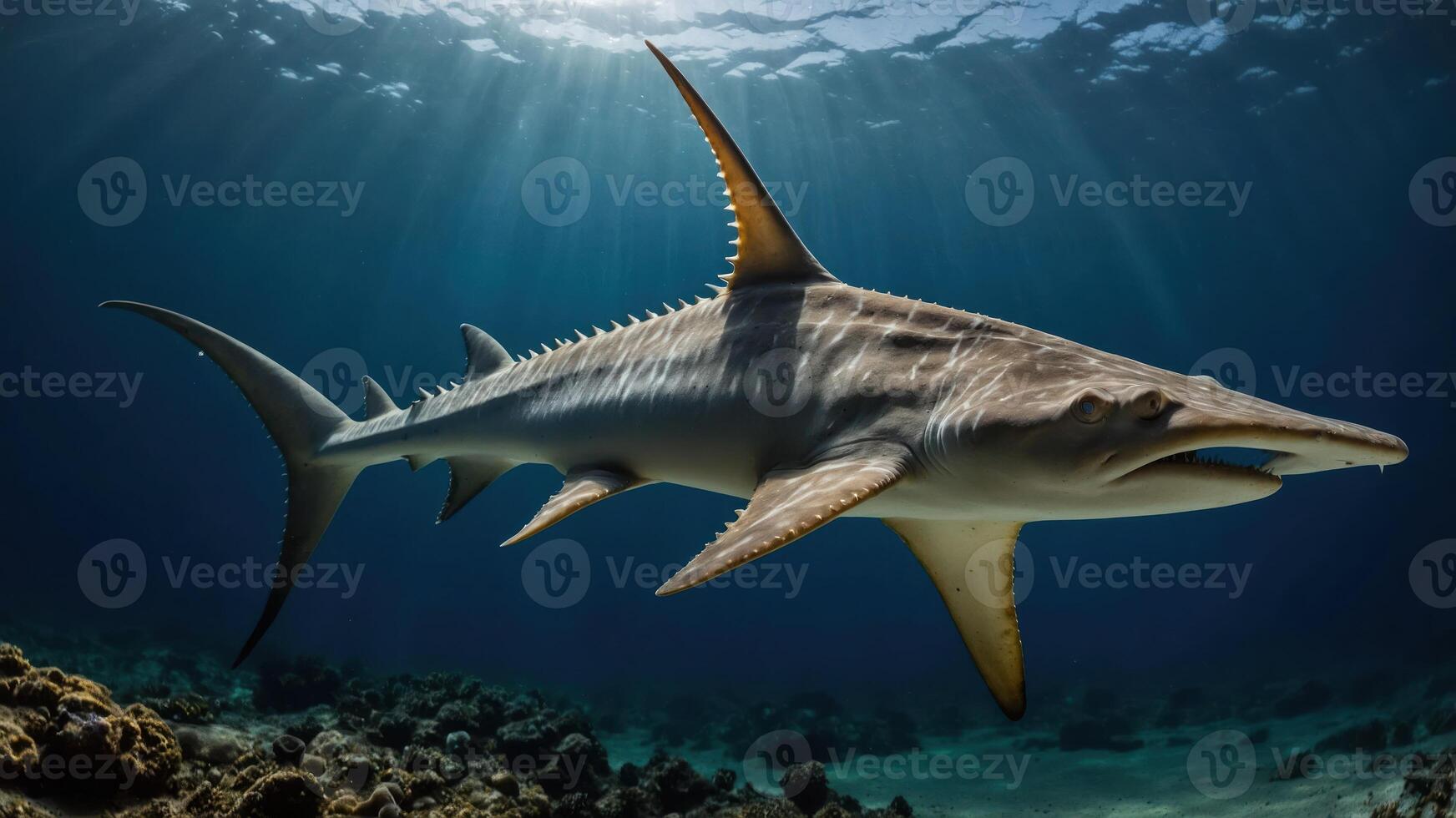 A shark swimming gracefully through clear ocean waters, illuminated by sunlight. photo