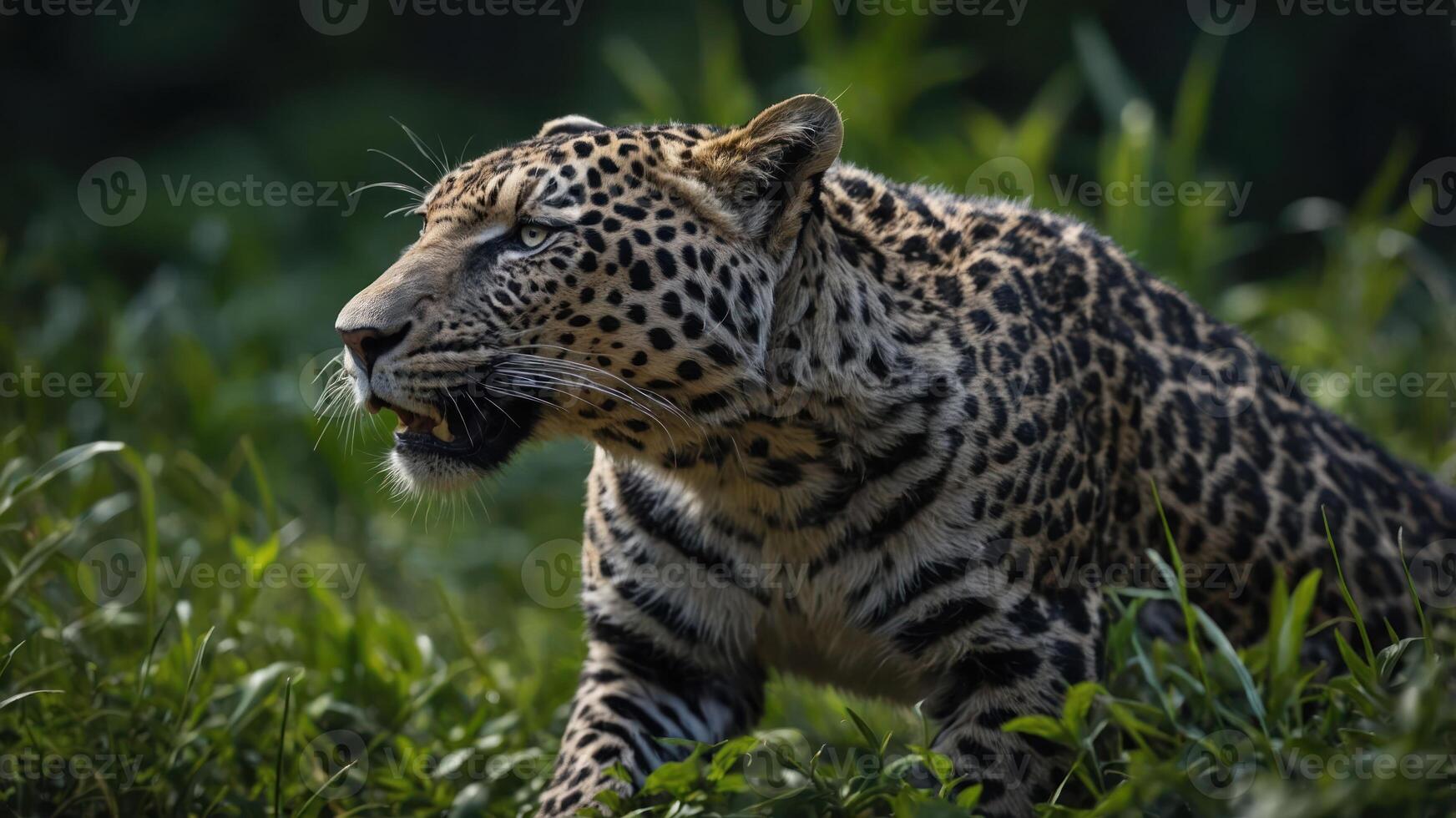 A leopard prowls through lush greenery, showcasing its striking coat and focused demeanor. photo