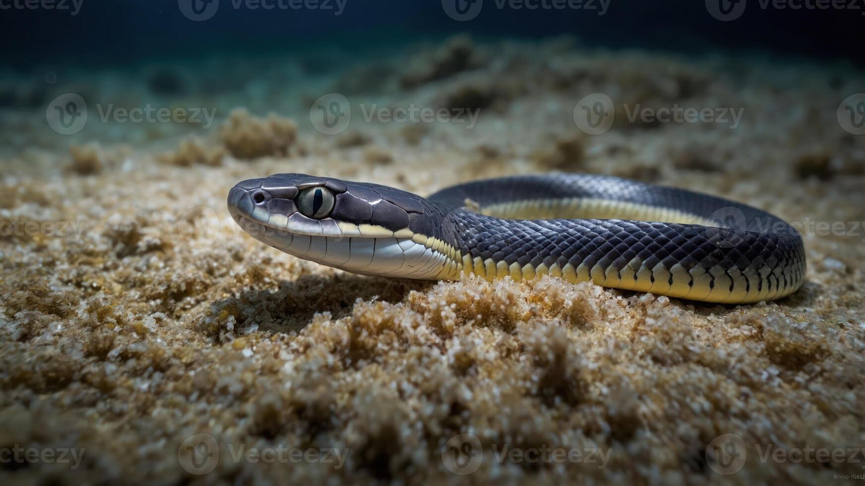 A close-up of a snake resting on sandy ocean floor. photo