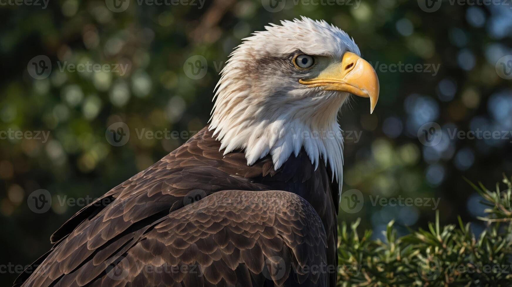 A close-up of a majestic eagle showcasing its detailed feathers and sharp gaze. photo
