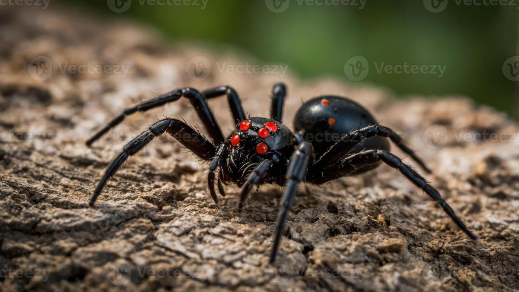 A close-up of a black spider with red markings on a wooden surface. photo