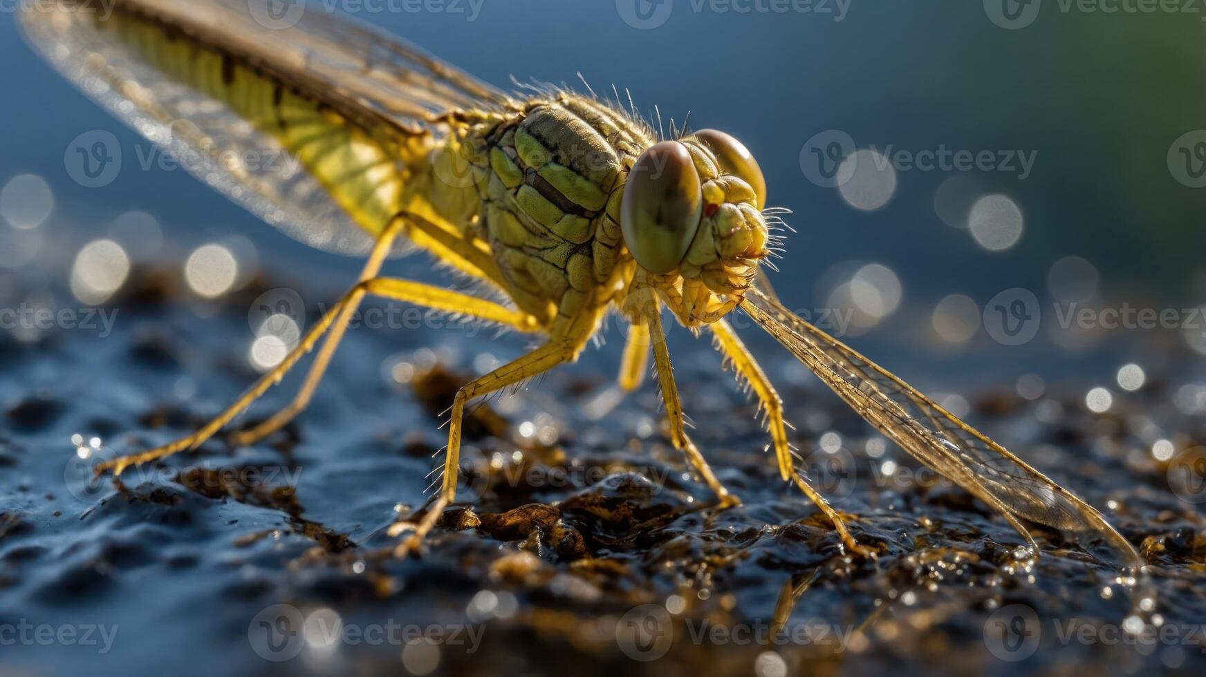 Close-up of a yellow insect with large eyes on a textured surface. photo