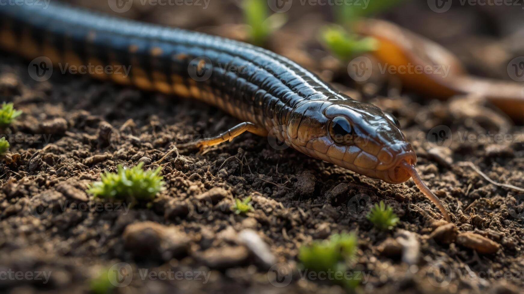 A close-up of a snake on the ground, showcasing its scales and surrounding vegetation. photo