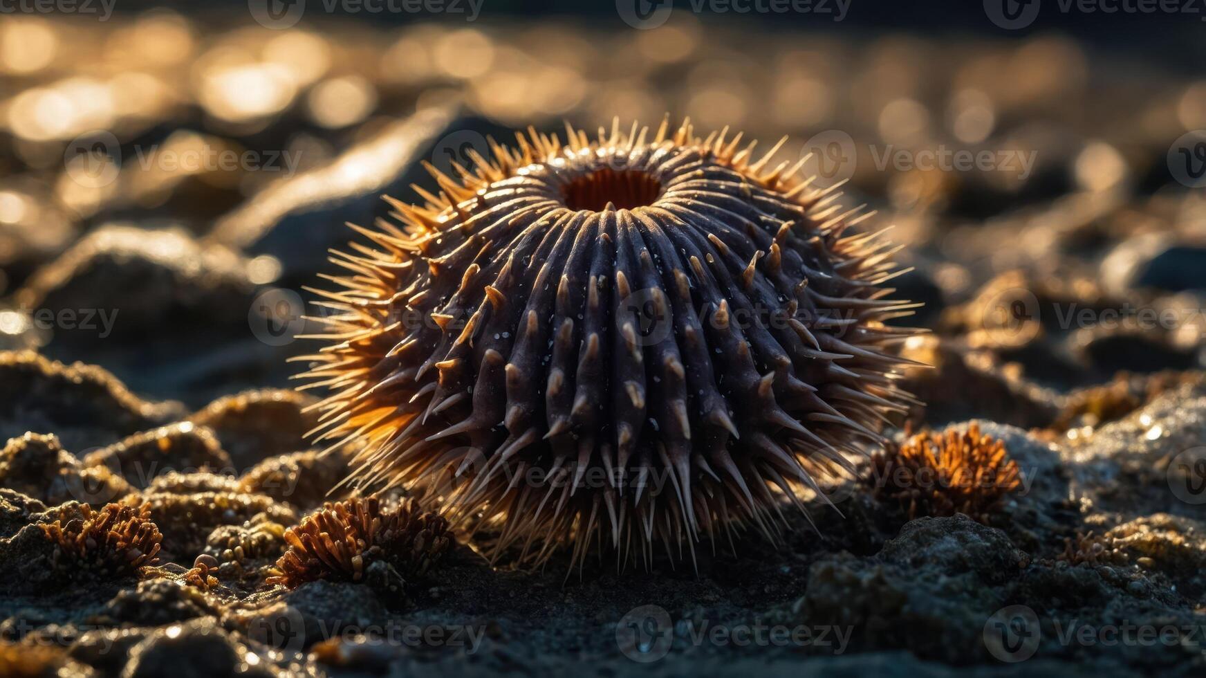 A close-up of a spiky sea creature resting on a rocky surface. photo