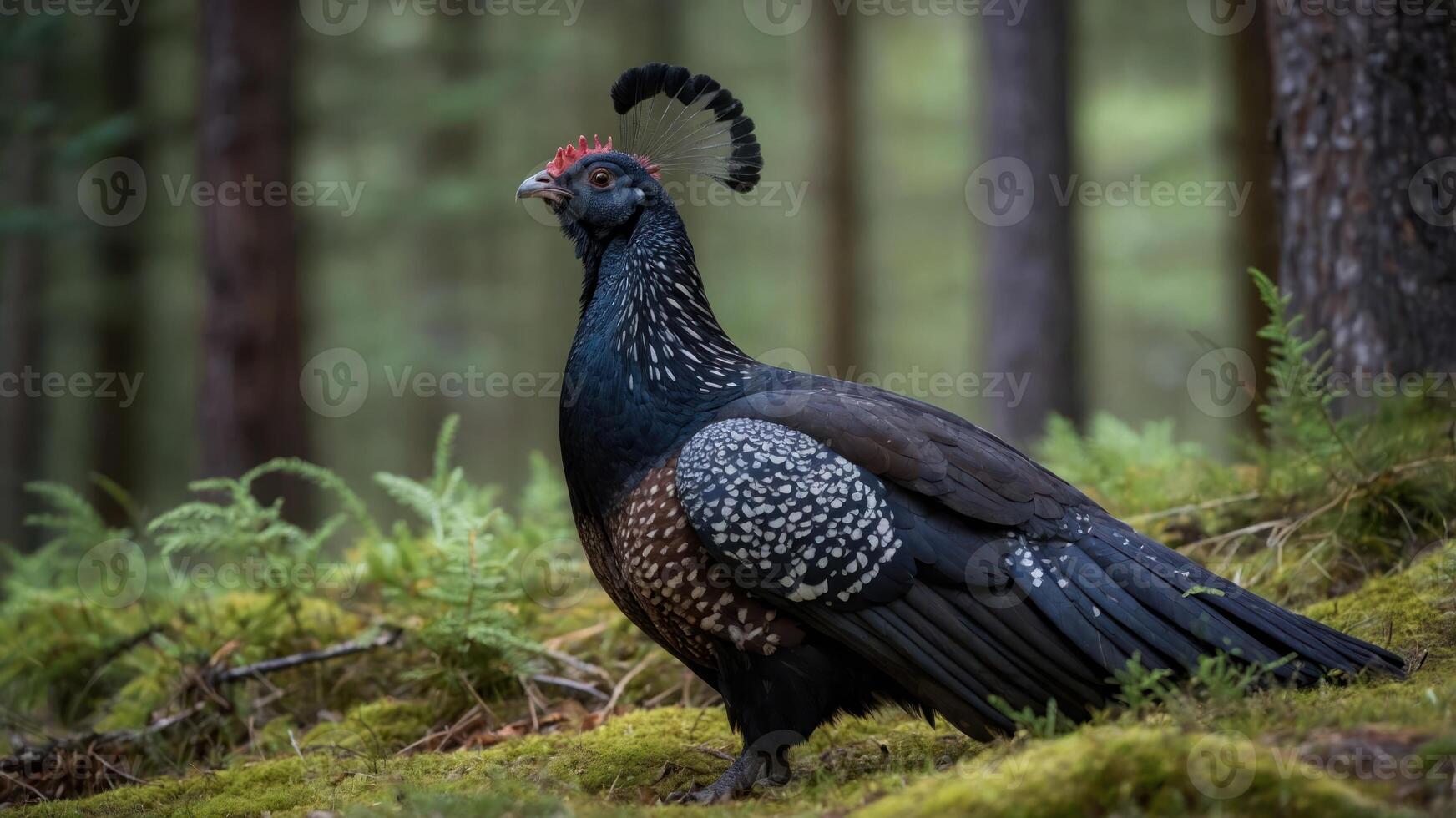 A majestic bird with a distinctive crest stands in a forested setting. photo