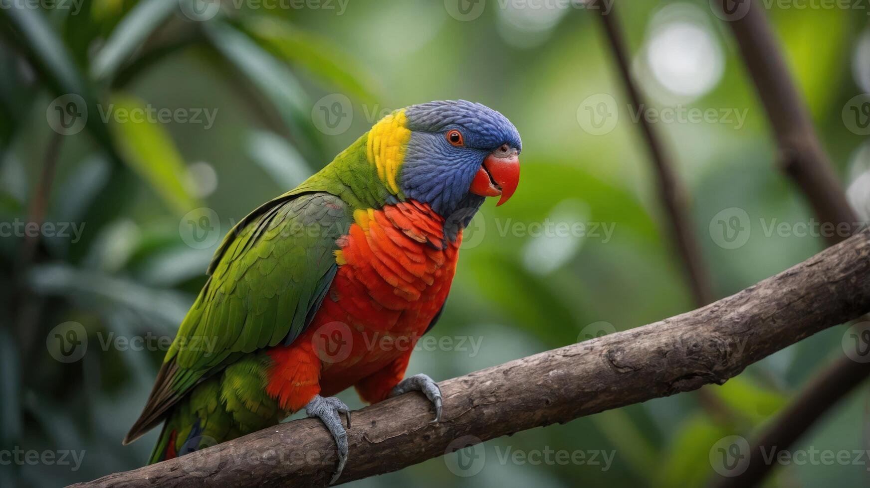 A colorful parrot perched on a branch amidst lush greenery. photo