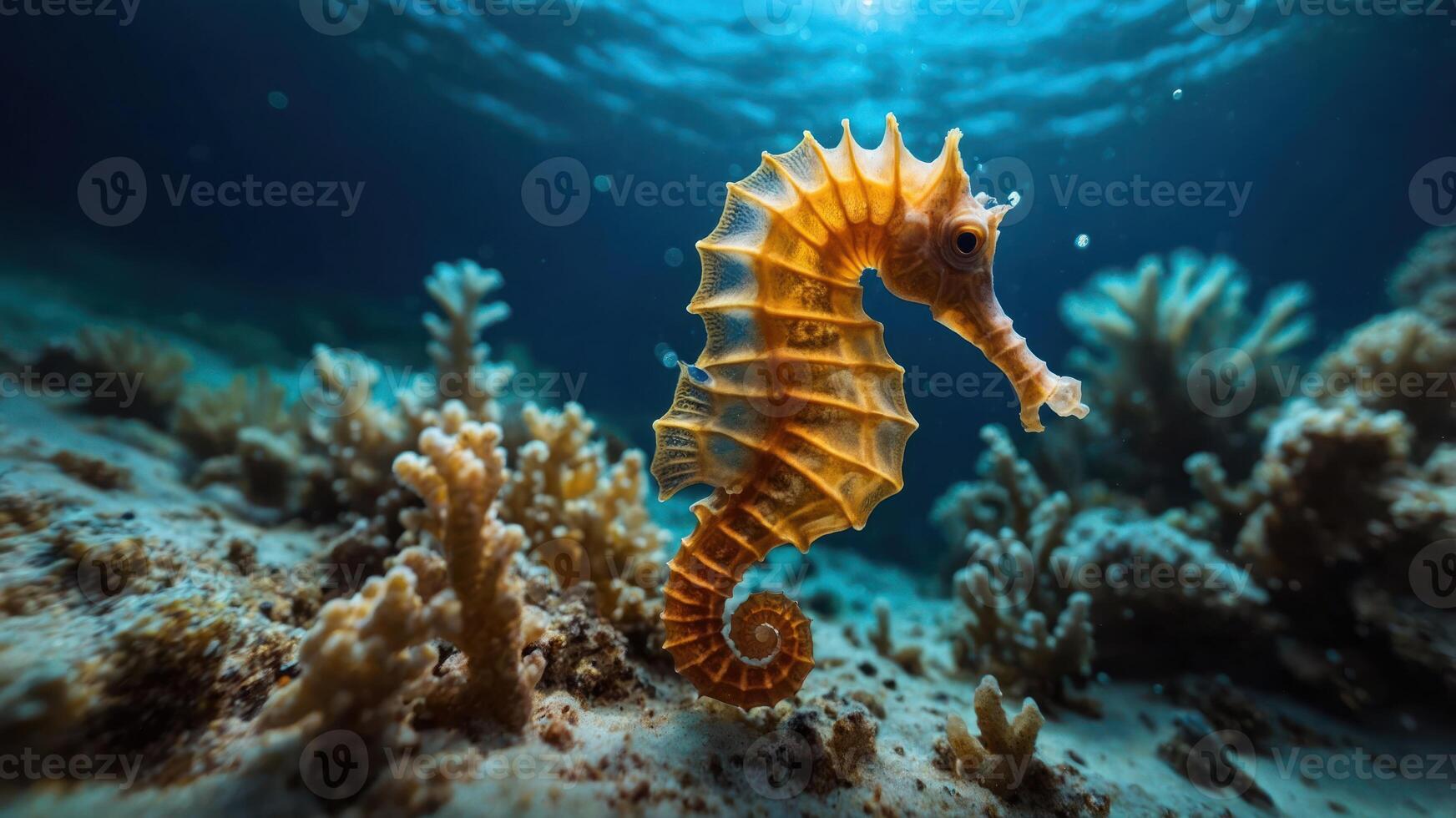 A close-up of a seahorse swimming among coral in a vibrant underwater scene. photo