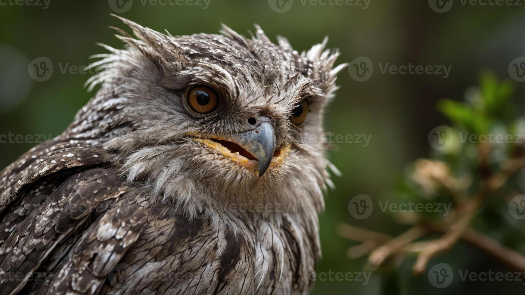 A close-up of a tawny frogmouth bird with striking features and a textured plumage. photo