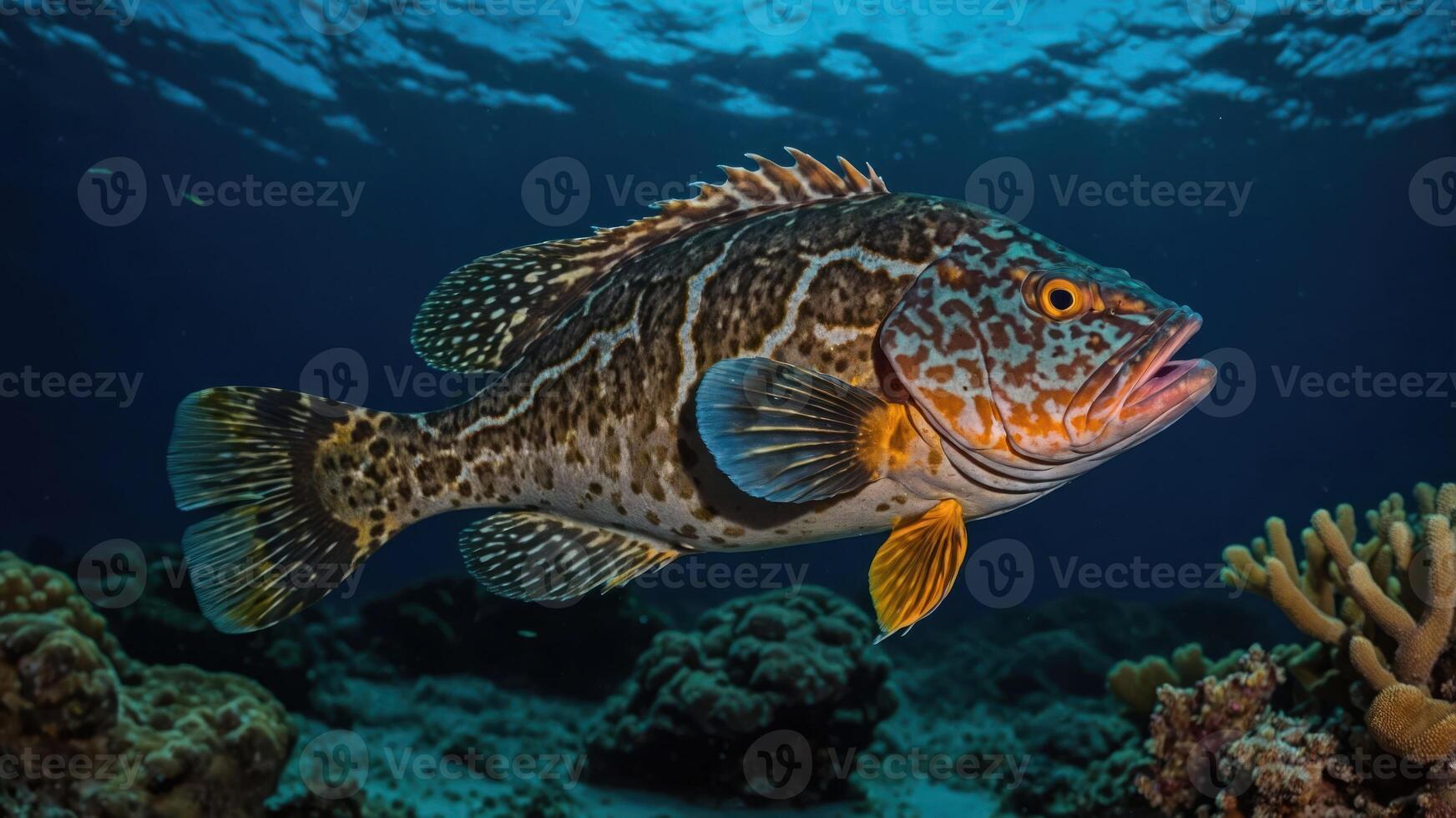 A vibrant fish swimming in a coral reef, showcasing marine life and underwater beauty. photo