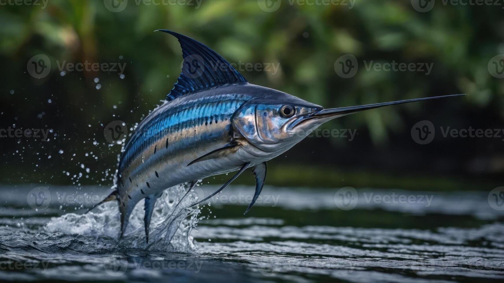 A marlin leaps out of the water, showcasing its vibrant colors and sleek form. photo