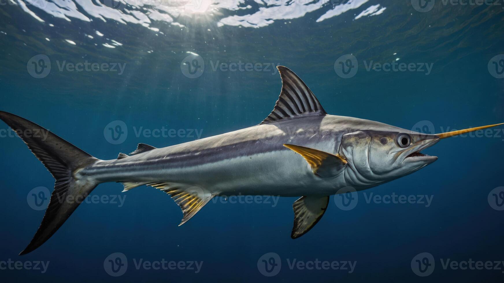 A sleek fish swimming underwater, showcasing its streamlined body and elongated snout. photo