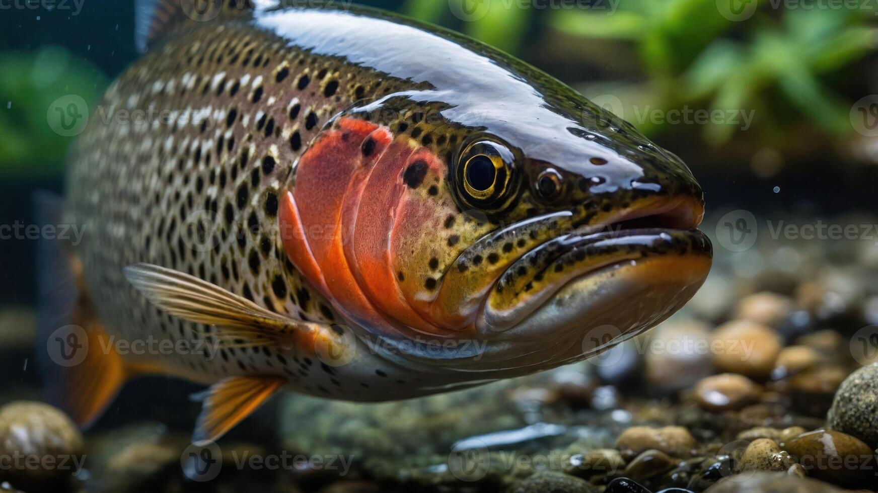 A close-up of a trout fish swimming in clear water, showcasing its vibrant colors and details. photo