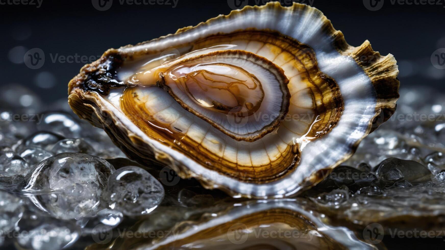 A close-up of a beautifully patterned oyster shell resting on reflective surfaces. photo
