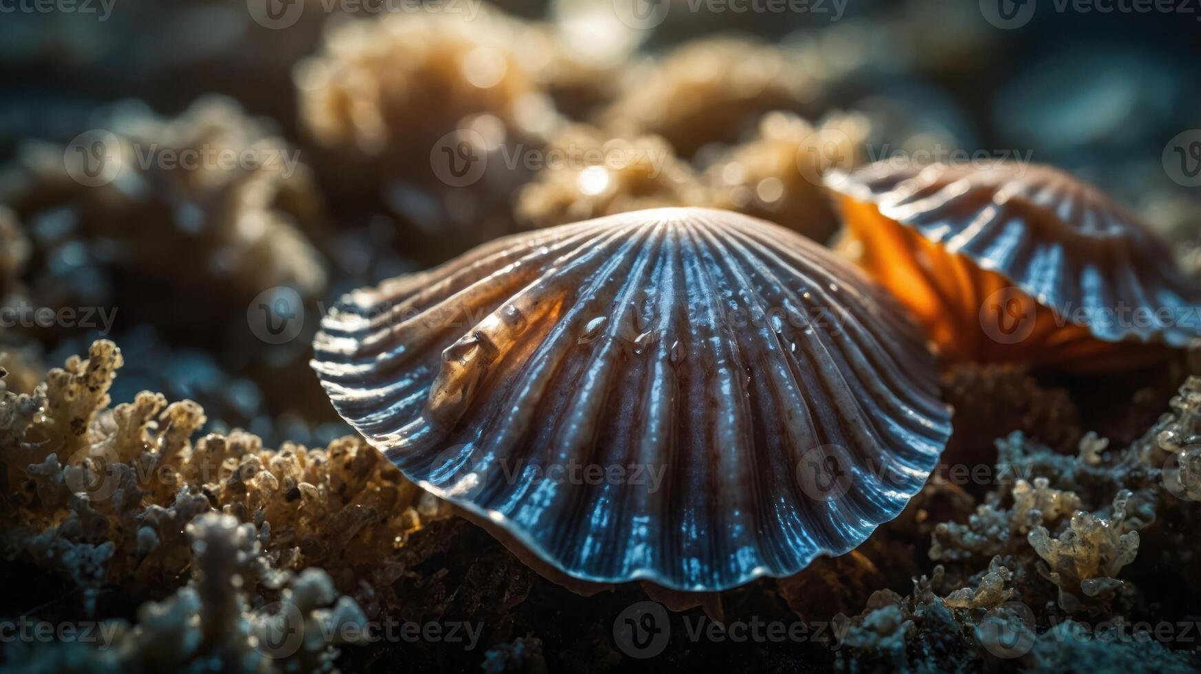 Close-up of a scallop shell resting on coral, illuminated by soft light. photo