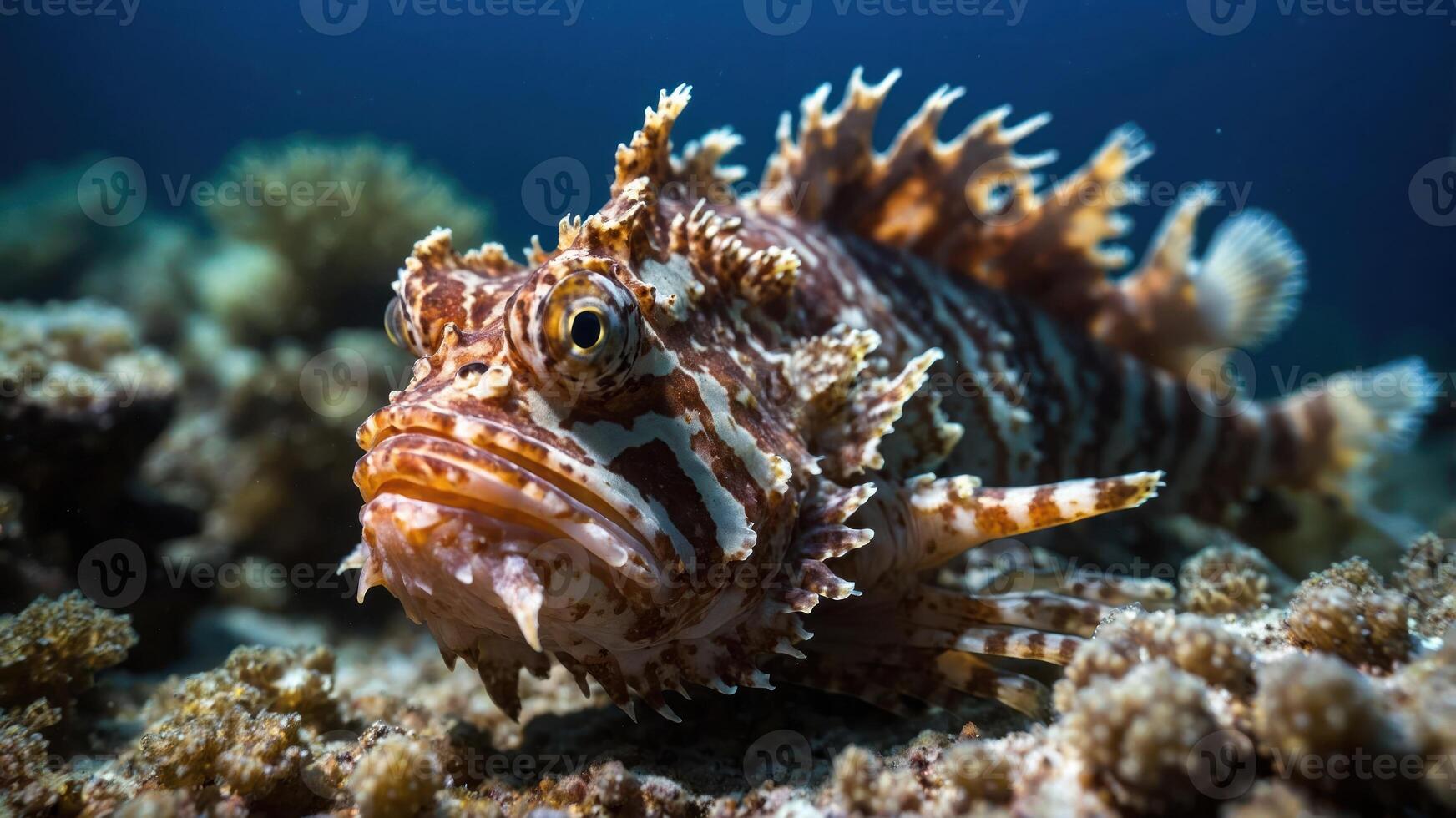 A close-up of a scorpionfish resting on a coral reef in vibrant underwater scenery. photo