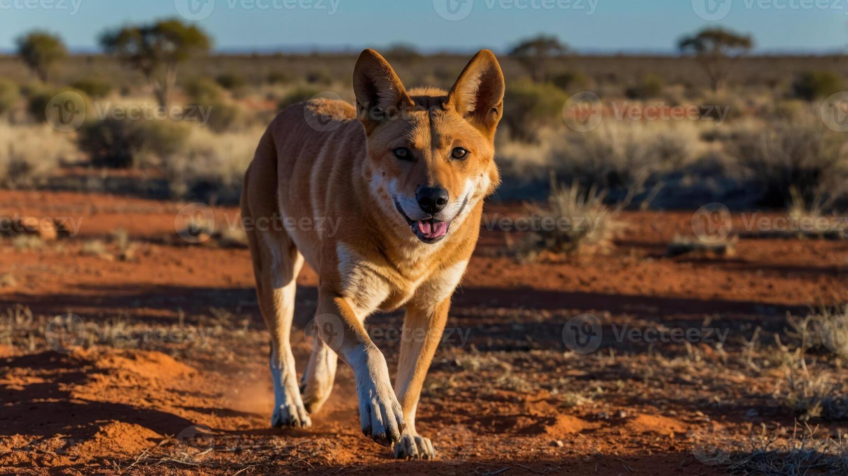 A dingo walking through a dry, desert landscape under a clear sky. photo