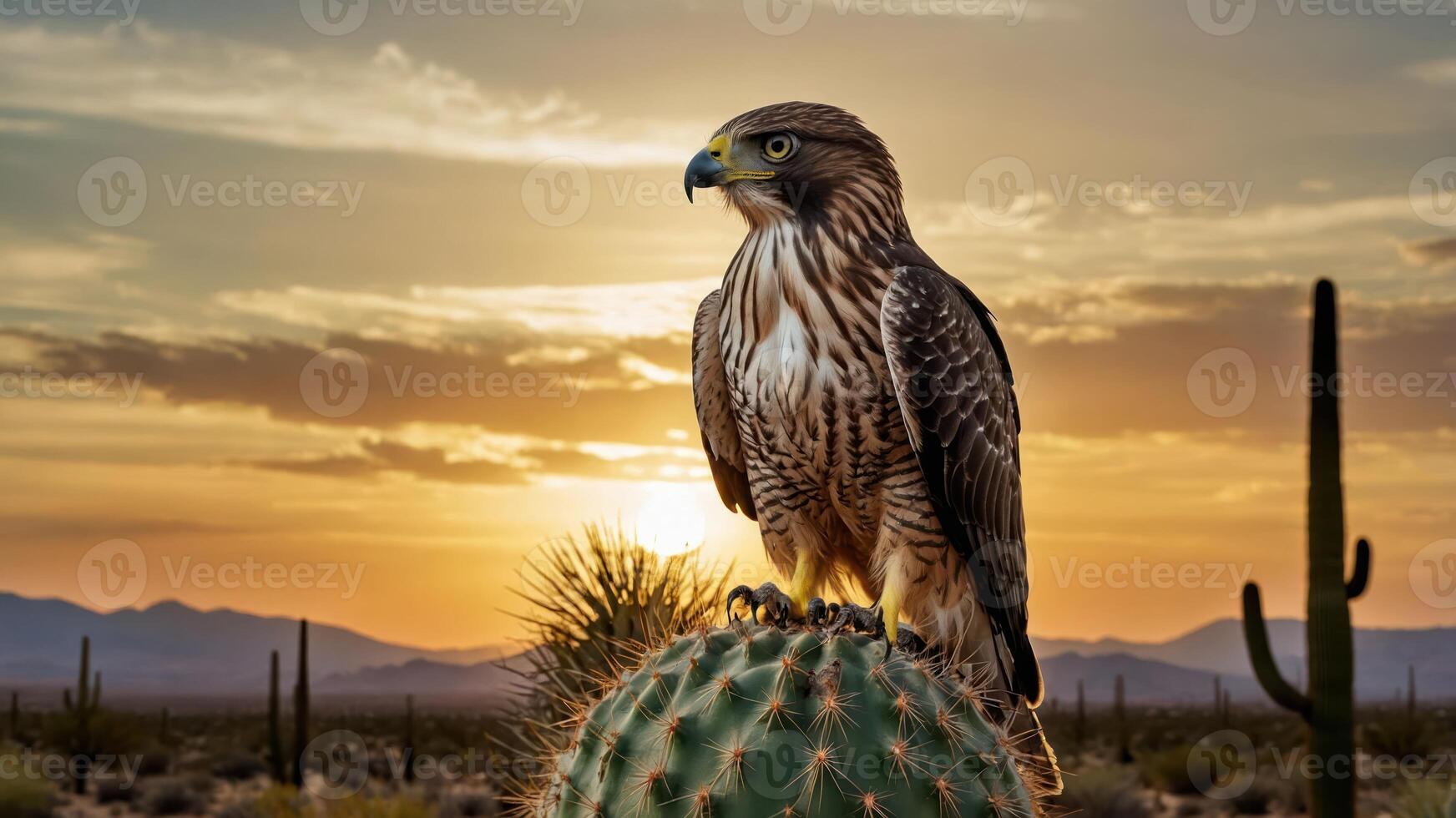 A hawk perched on a cactus at sunset in a desert landscape. photo