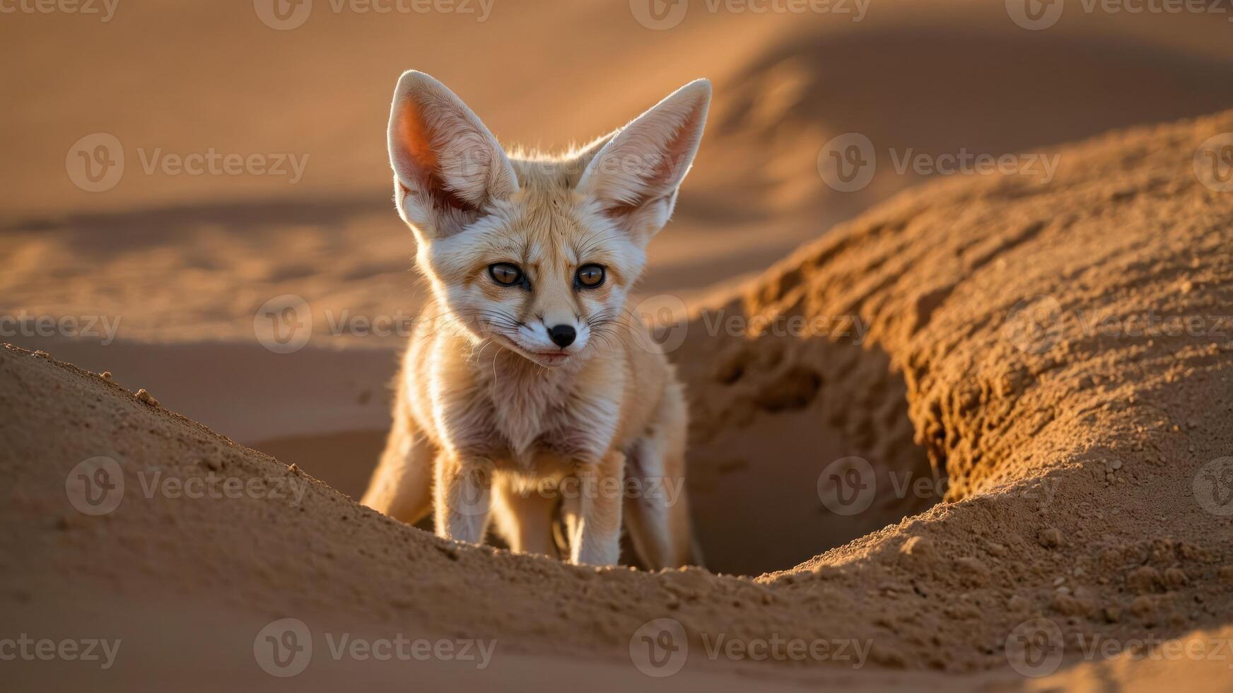 A fennec fox stands in a sandy desert landscape, showcasing its large ears and curious expression. photo